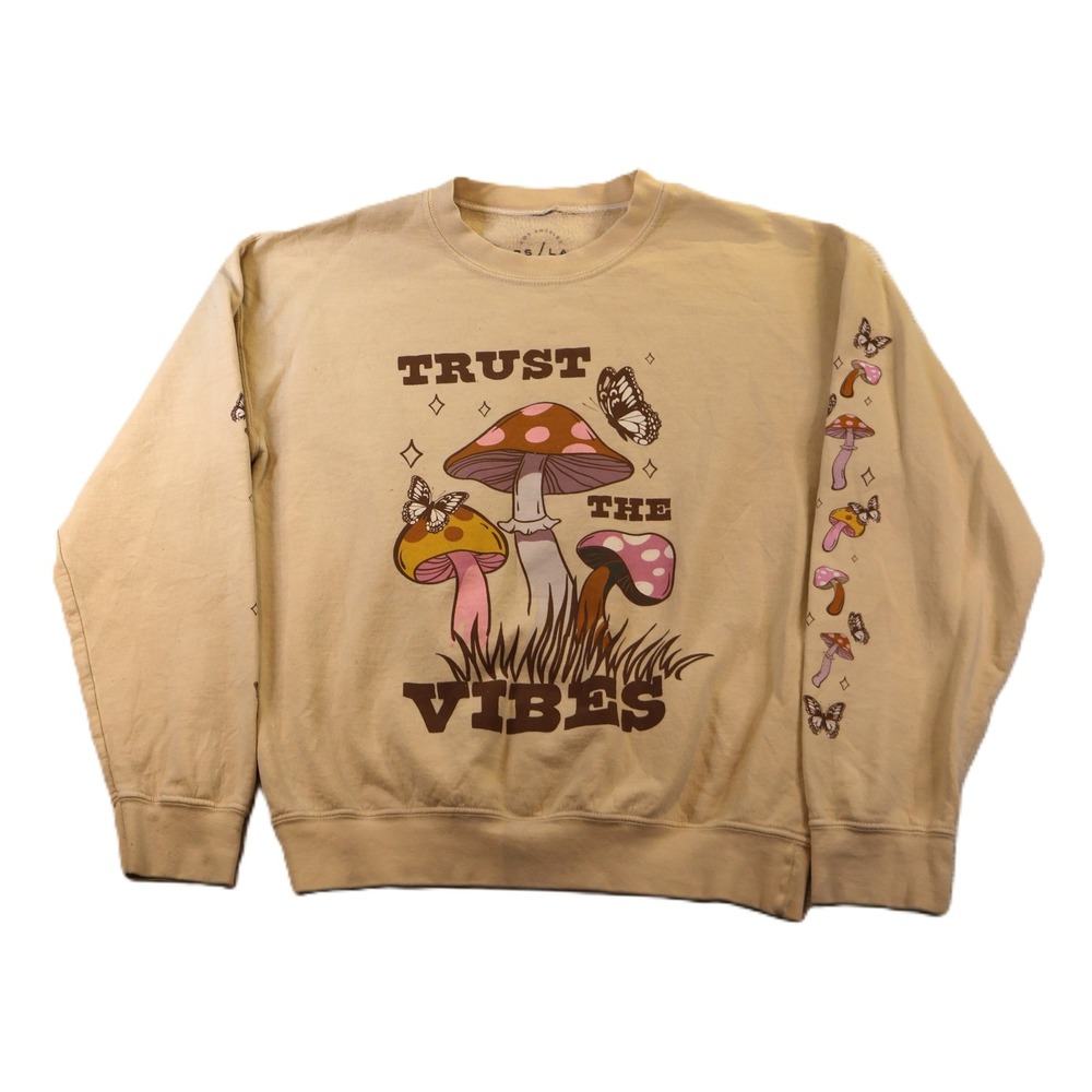 PS / LA Womens Small Sweatshirt Tan Trust The Vibes Mushroom Butterfly Graphic
